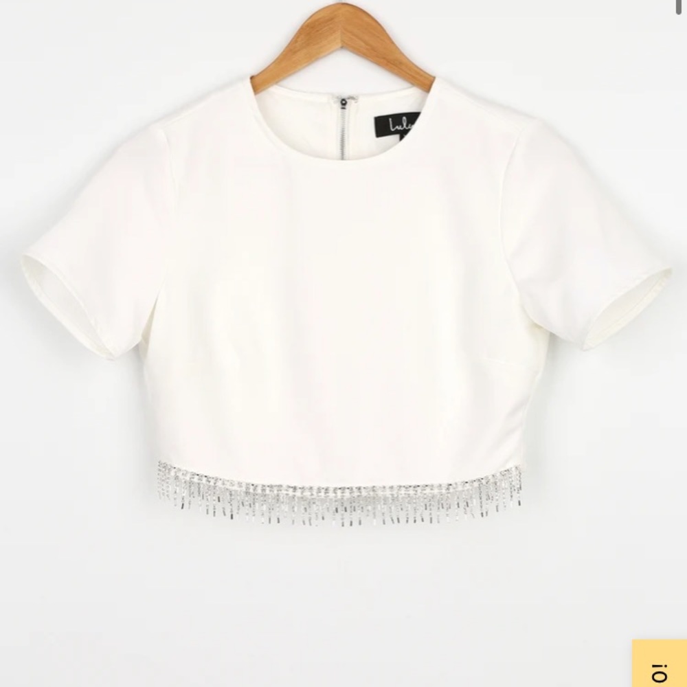 Lulus Sparkle White Rhinestone Fringe Crop Top